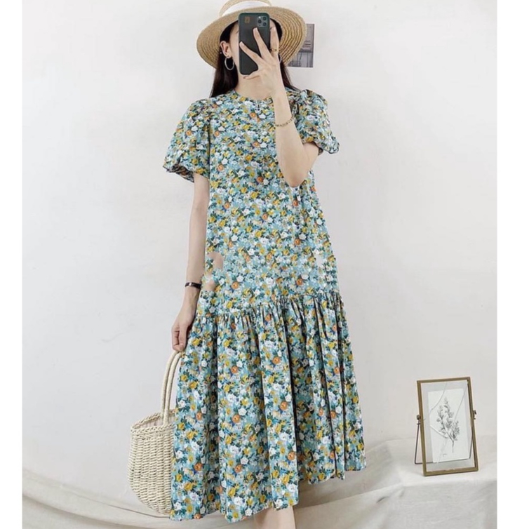 Đầm bầu, đầm babydoll, đầm hoa nhí, chất vải lụa tằm dáng váy đuôi cá lên phom xinh xắn hình thật 100%
