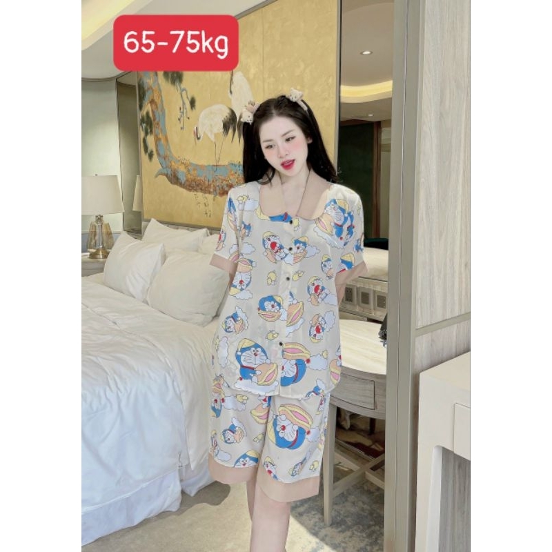 Pijama lụa MANGO - hoạ tiết Doraemon - 55-75 ký