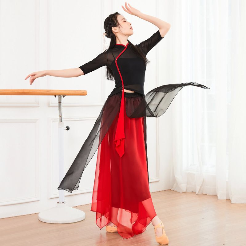 Set múa cổ trang đen đỏ với váy 3 lớp siêu đẹp bằng vải voan CB3