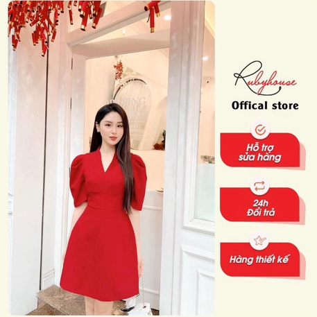 Váy tay bồng cổ V tiểu thư Ruby