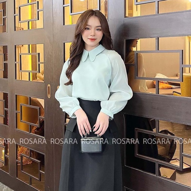 Áo Sơ Mi Xanh Tơ Dài Tay Cổ Cánh Tiên Thời Trang Rosara SM26