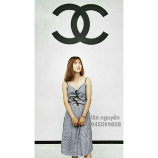 Đầm caro cột nơ hình thật