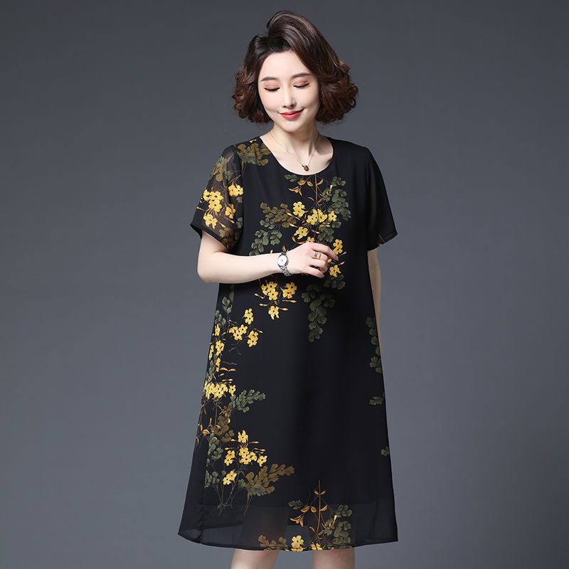0GOTI- Đầm Trung Niên Dáng Suông Giấu Bụng Form Chữ A Vải Voan 2 Lớp Có Túi Cho Mẹ U50 U60 3226 3340