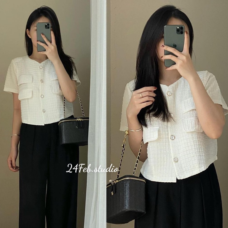 [Ak02] Áo Xốp Croptop Khuy Ngọc Phong Cách Vintage Hàn Quốc [24Feb Chi Nhánh 2]