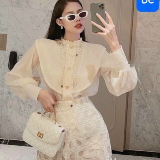 Áo sơ mi 2 lớp tiểu thư khuy ngọc siêu xinh nội y xanh - chất mát - màu be dáng đẹp, bánh bèo