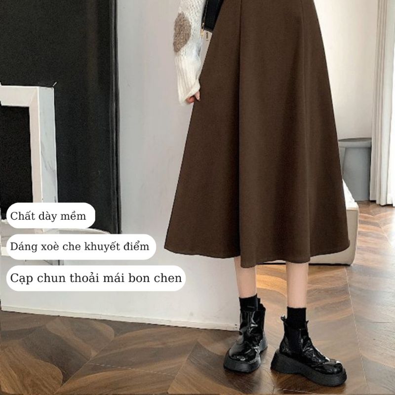 Chán váy chữ a dài qua gối phong cách hàn quốc,chân váy nỉ dáng dài cạp chun màu nâu be 05