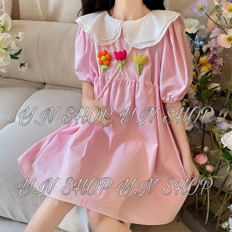 Đầm Babydoll Cổ Sen 2 Lá Đính Bông & Hoa Xinh Xắn A10