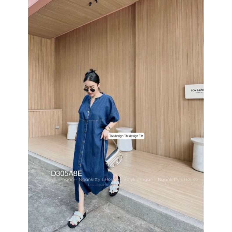 Đầm sơ mi jeans dáng dài ,váy bò kiểu sơ mi dáng suông tay lỡ có túi hông 2 màu đậm ,nhạt thời trang công sở dạo phố