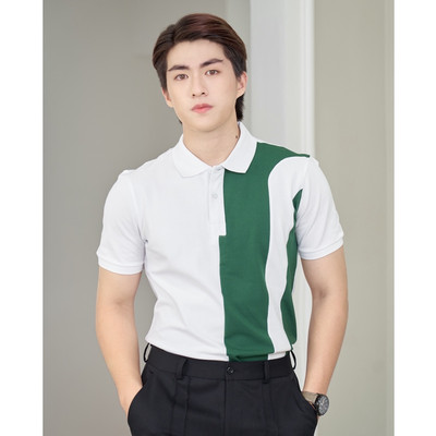 Áo Polo Nam Cổ Bẻ Màu Trắng Phối Sọc Xanh Một Bên Vải Cotton Cá Sấu Chuẩn Form Thương Hiệu Mr Twins