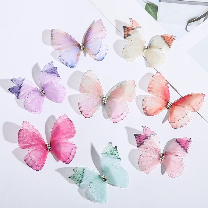 Set 50 bướm vải voan 3d 2 lớp đính đá trang trí