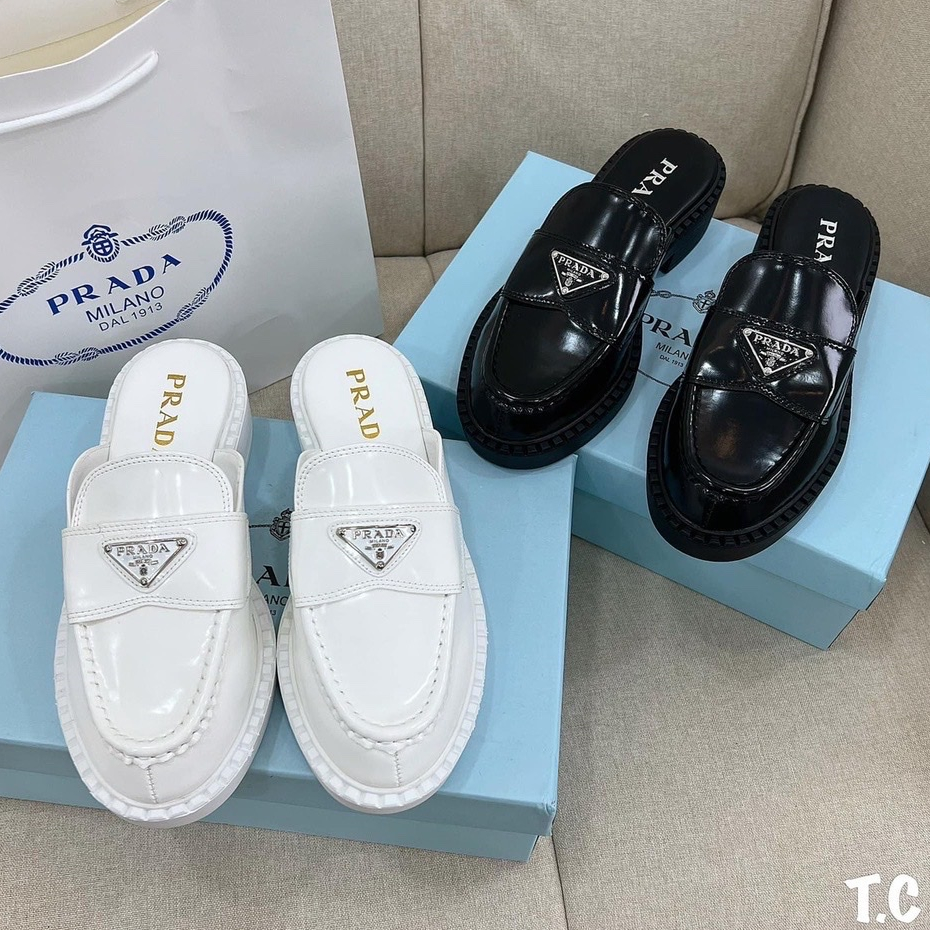 Giày Sục Prada Nữ Da Bóng Thời Trang Đế Độn Cao 5cm