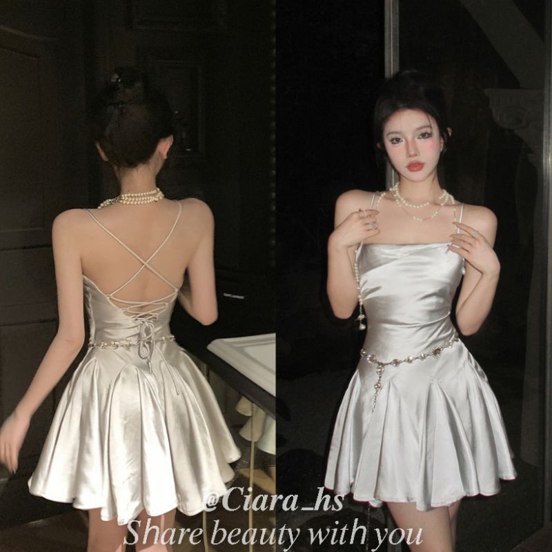 (K5) Váy đầm lụa hai dây chất dày dặn màu bạc xếp ly hở lưng đan nơ dáng xòe loại đẹp