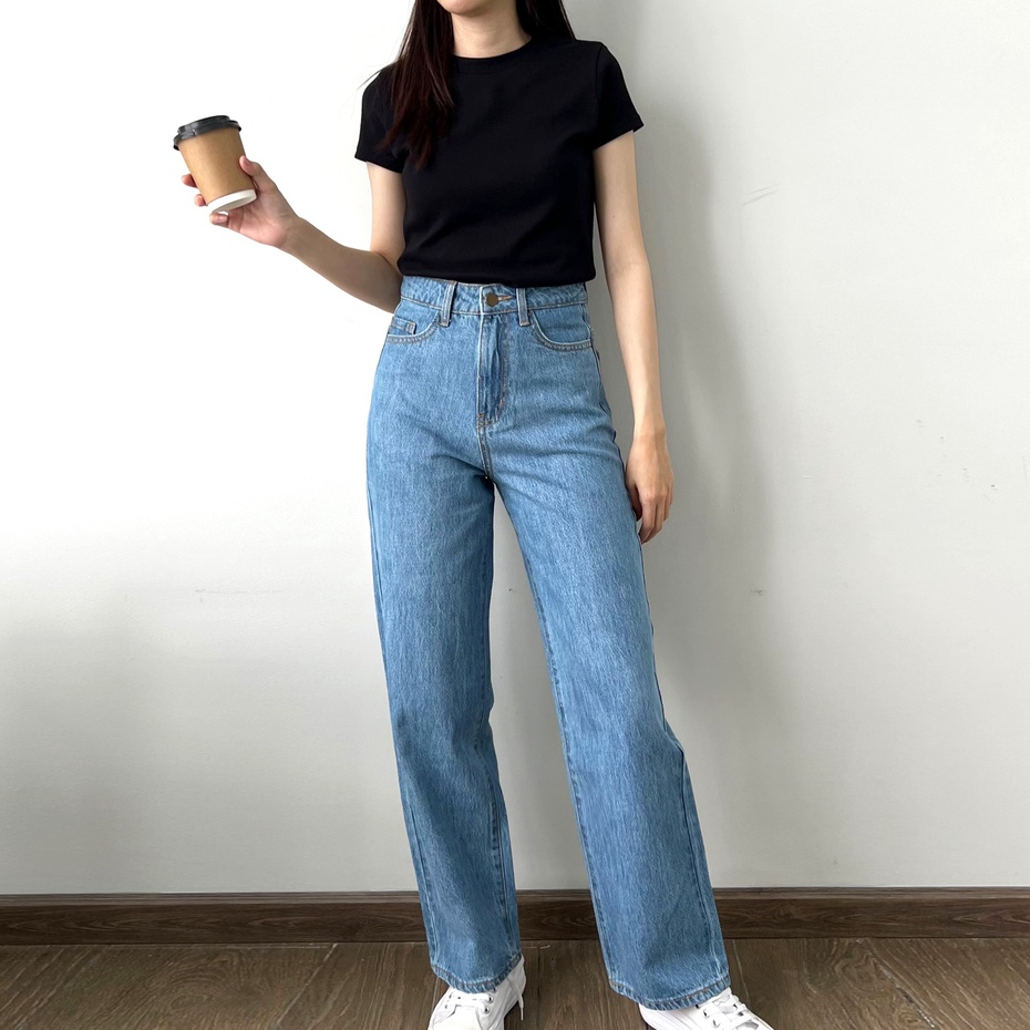 Quần Jeans Nữ Lưng Cao Phom Ống Suông Dáng Rộng Thoải Mái Màu Xanh Wash Đá L-02A