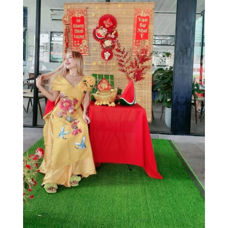 Áo dài đính hoa thiêu chim hạt
