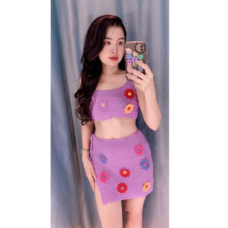 Set Áo Váy Len Hoa Cúc Crop Top Cover Up Đi Biển