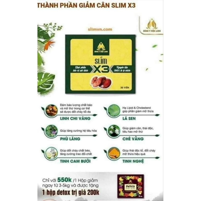 GIẢM CÂN SLIM X3 ĐÔNG Y MỘC LINH hộp 30 viên Tặng ngay  Detox đốt mỡ ban đêm