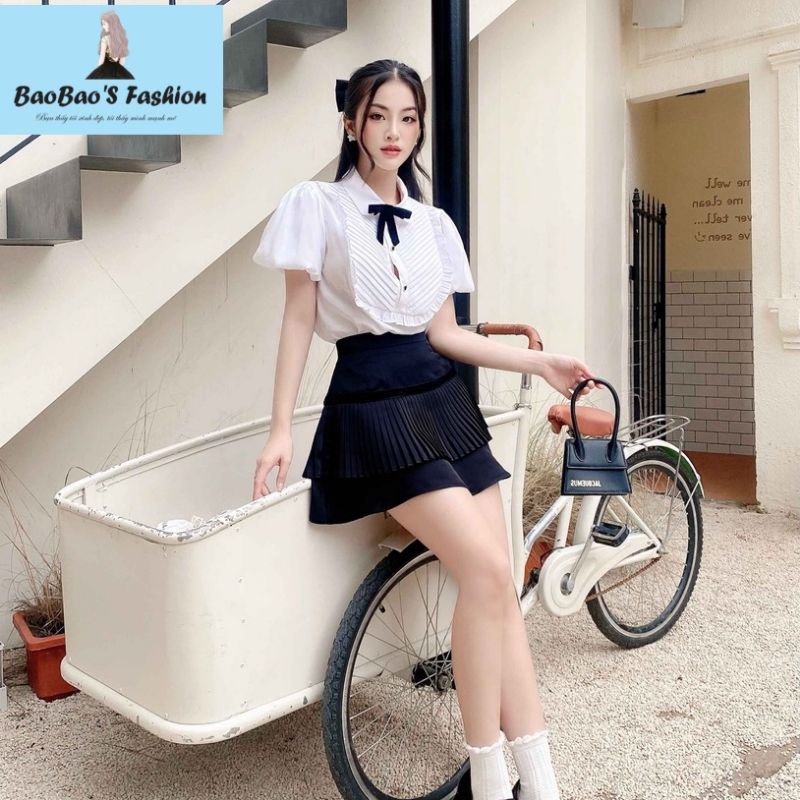 Set áo sơ mi nơ và chân váy xếp ly trẻ trung siêu xinh M