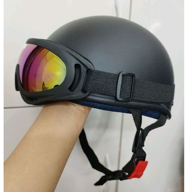 [Clip Thật-Freeship]Mũ Bảo Hiểm Nửa Đầu Đen Trơn Kèm Kính Chống Tia UV