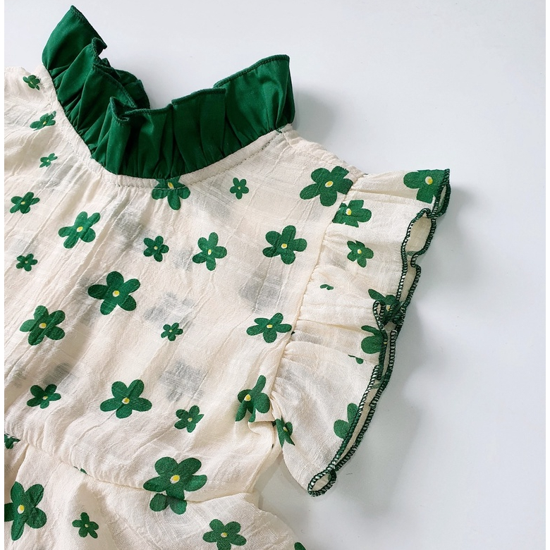 Body váy hoa nhí xanh cho bé gái sơ sinh tặng kèm turban nơ đi chơi, đi tiệc  - Riokids BD98