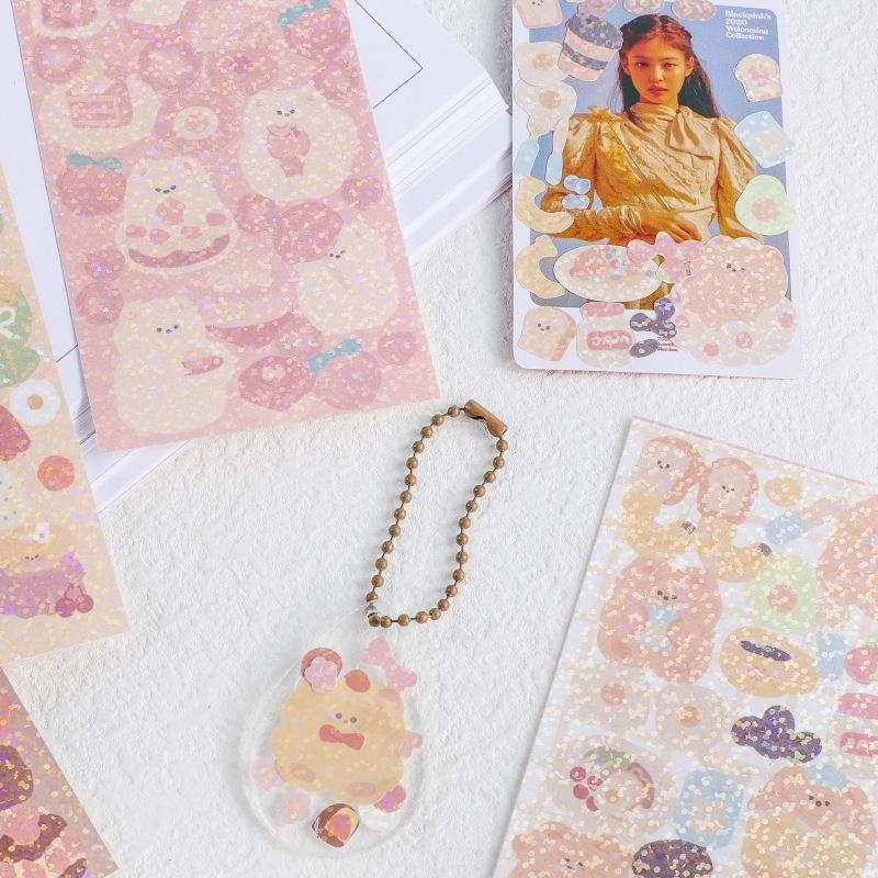 Sticker hình dán gấu bánh ngọt bling lấp lánh chủ đề gấu thỏ dễ thương cute