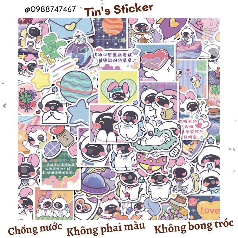 Set combo 50 miếng dán sticker thỏ phi hành gia dán nón mũ bảo hiểm laptop vali sổ tay đàn guitar điện thoại tủ lạnh