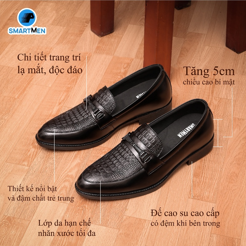 Giày lười Da bò tăng chiều cao SMARTMEN GL-31 Đen