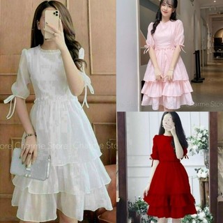 Đầm Xòe 3 Tầng Tay Nơ Xinh Xắn Cho Bạn Gái, Chất Voan Tơ 3 Màu Hồng Đỏ Trắng💥