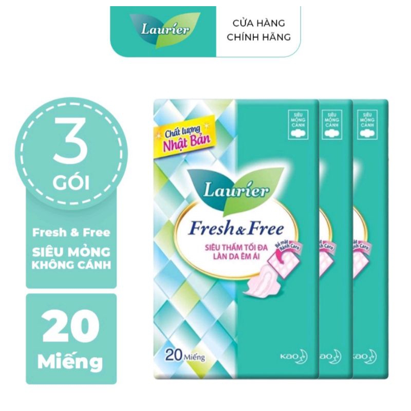 Combo 3 gói Băng vệ sinh Laurier Fresh and Free siêu thấm siêu mỏng cánh 20 miếng ( BAO BÌ MỚI)