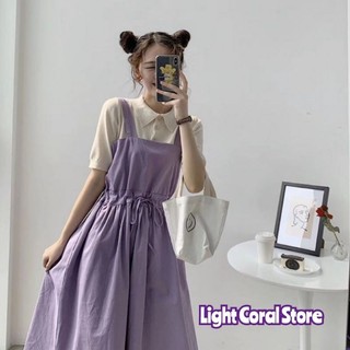(ORDER) Set áo len dệt kim polo màu kem + váy yếm vải thô tím ulzzang phong cách Hàn Quốc vintage có size
