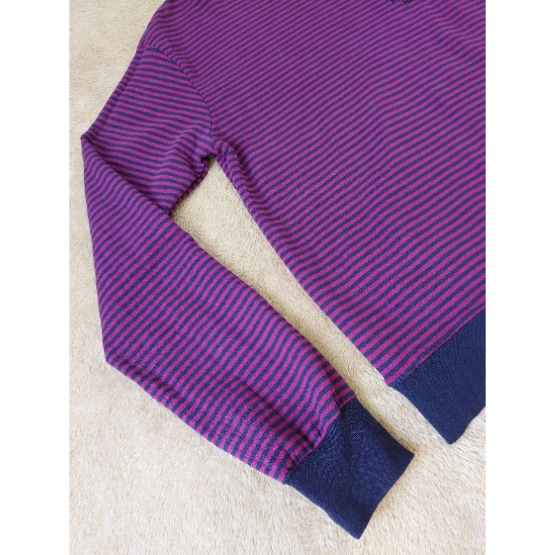 Áo sweater nữ BERSHKA kẻ sọc ngang màu xanh đen phối hồng tím cổ tròn tay dài chất thun da cá