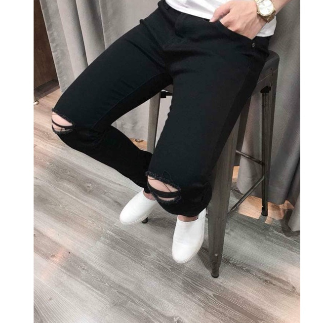 Quần jean dài nam màu đen rách gối chất dày dặn co giãn thoải mái form skinny cao cấp 303