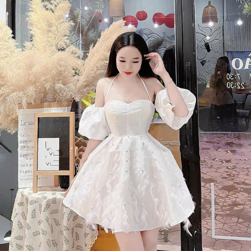 Đầm cúp hai dây phối trễ vai đính lông kết ngọc cực xinh - mochouse83
