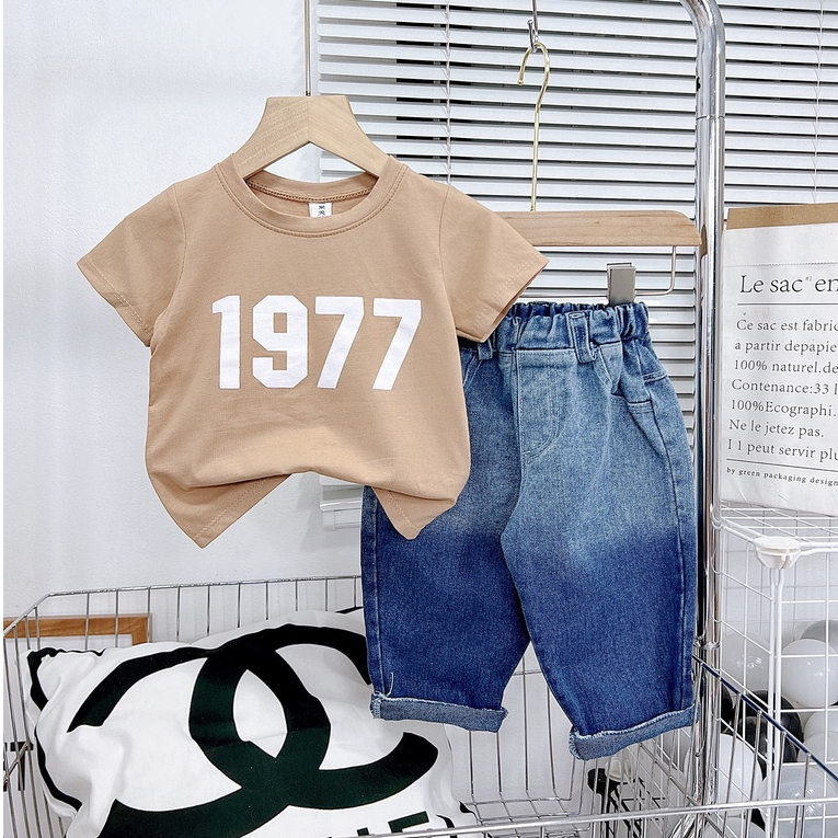 Bộ quần áo, SÉT QUẦN JEAN BAGI LỬNG + ÁO COTTON 1977 cho bé trai 8-21kg