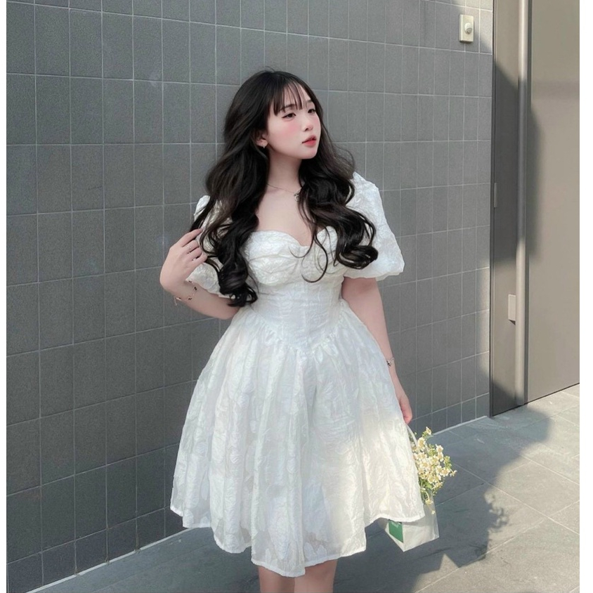 Đầm Dự Tiệc Đi Biển,Váy Hoa Trắng Babydoll Cổ Vuông Thiết Kế Dáng Xoè Tay Bồng Công Chúa Sang Chảnh Thời Trang MJP