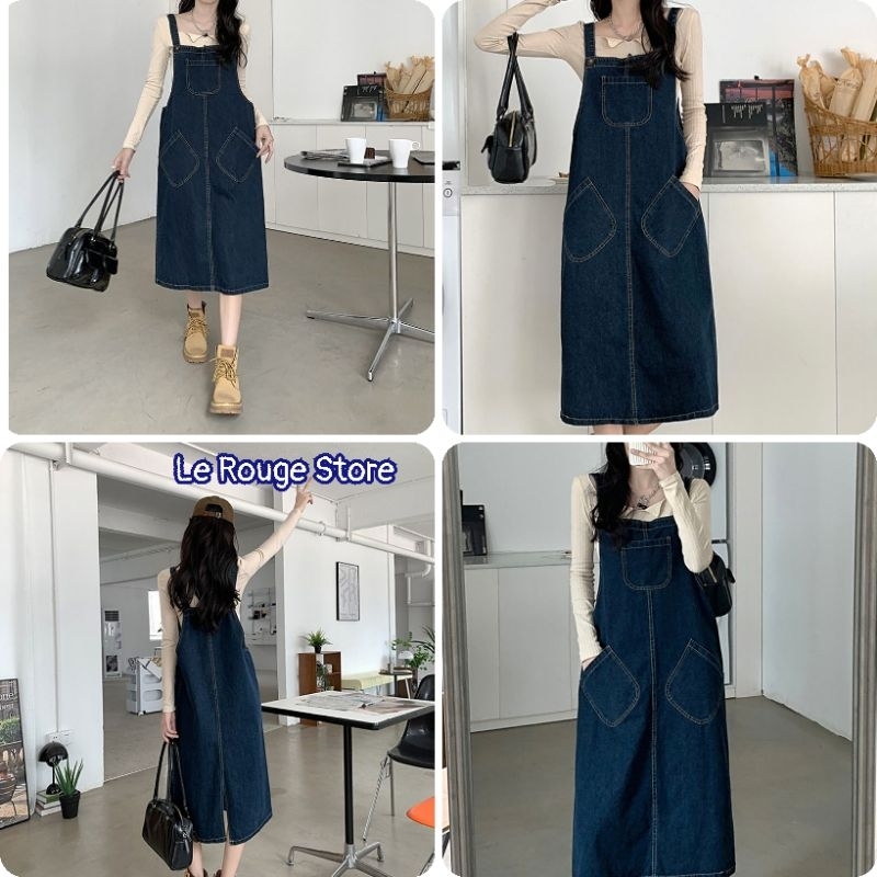(ORDER) Váy yếm bò ulzzang Hàn Quốc túi bao tay dáng dài vintage màu xanh đậm có size