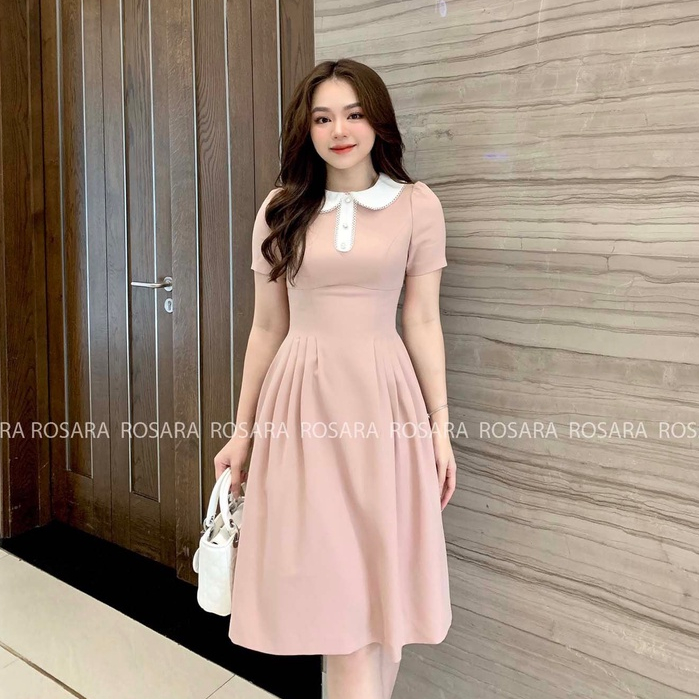 Váy Đầm Hồng Dáng Xòe Ngắn Tay Thời Trang Rosara VA22