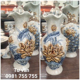 Lọ hoa thờ cúng men rạn nổi vẽ sen_bình bông gốm bát tràng hàng loại 1