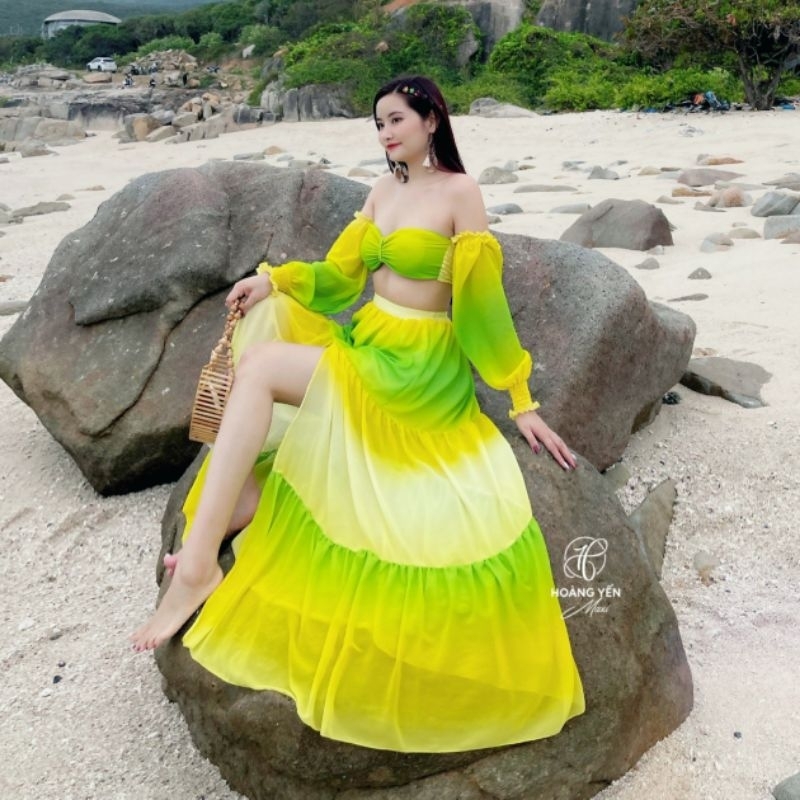 Set đầm maxi đi biển áo tay dài + CV nối tầng vàng xanh HOANGYEN