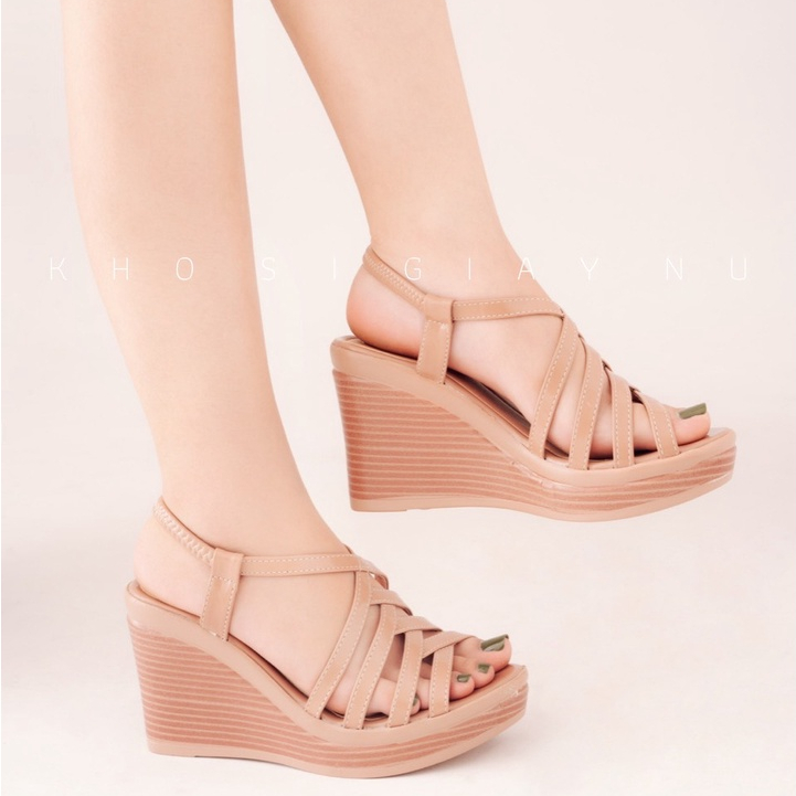 Dép sandal đế xuồng siêu nhẹ quai đan chéo 8 phân cao gót