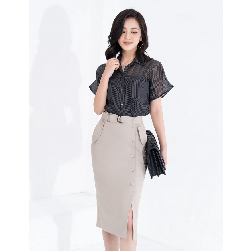 Chân váy dáng dài ôm xẻ trước công sở HeraDG thiết kế đai eo rời cúc bọc trang trí dọc thân túi ốp 2 bên SJPBB2042