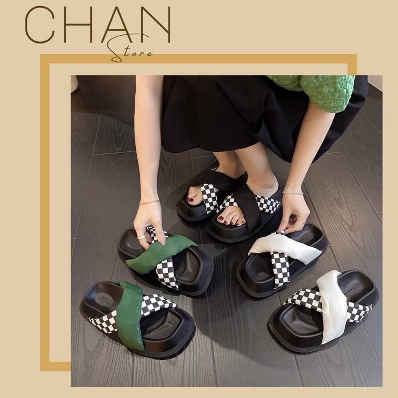 Dép tông quai chéo caro đế cao phong cách hàn quốc
