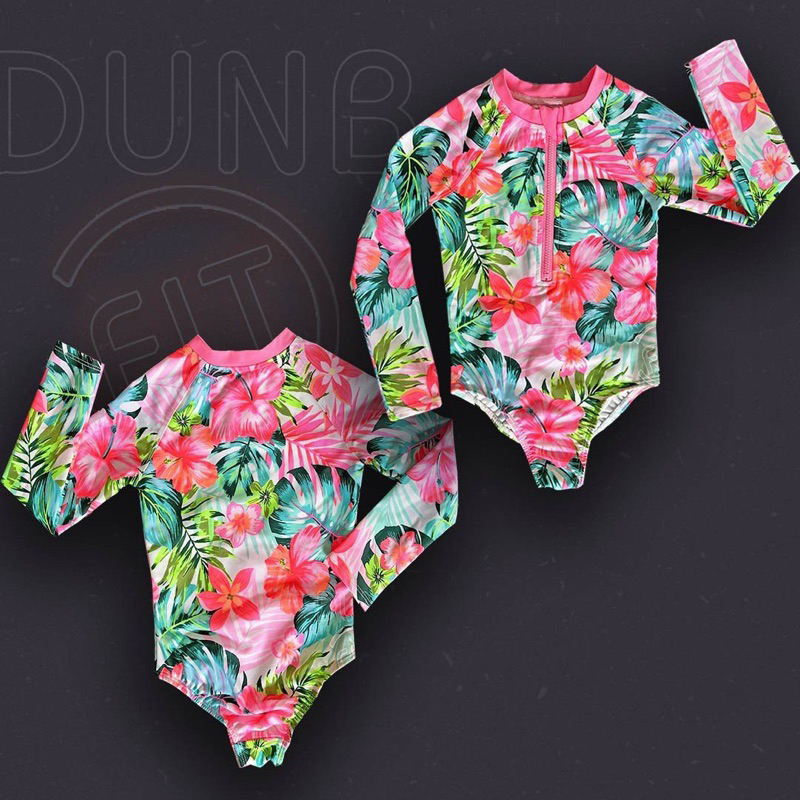 DUNBFIT Đồ bơi liền thân kéo khóa ngực dài tay bé gái 3 tuổi vai raglan trắng hồng trắng lá cọ bông hoa