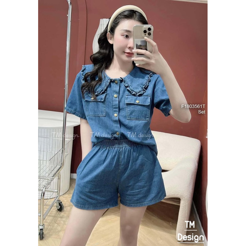 Set bộ đùi áo sơ mi jean cổ bèo sang trọng VIENS STORE