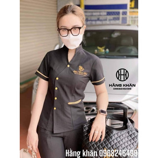 Bộ đồng phục spa đen-viền vàng vải cotton hàn cao cấp