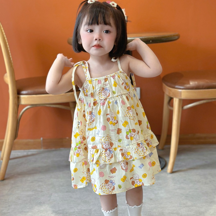 Váy Hoa Nhí 2 Dây Bé Gái WOWKIDS Tùng Váy Phối Bèo Họa Tiết Dễ Thương Cho Bé Từ 10-19kg