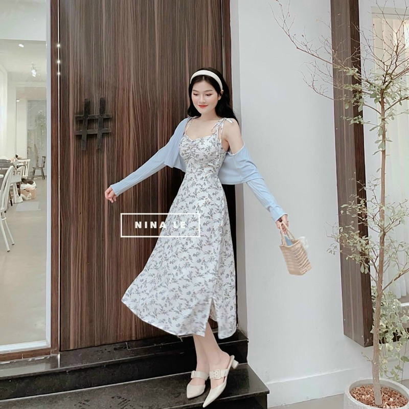 Set đầm midi 2s hoa khoác xanh