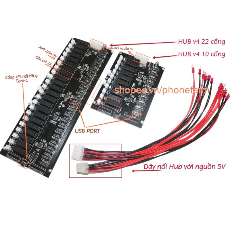 Combo 1 Hub v4.1 11port, 22port sản xuất tháng 5/2023 + 22 dây pin cấp nguồn samsung VCON v4.1