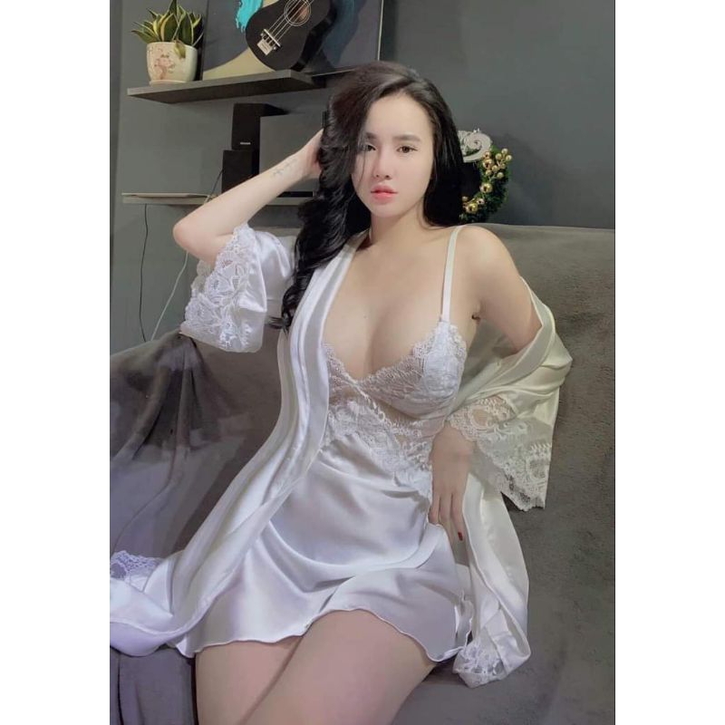 Váy ngủ + khoác choàng hàng thiết kế họa tiết Ren Sexy vải lụa xước Tô Châu cao cấp.Ảnh shop chụp thật ở cuối trang nha