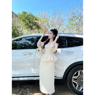 Set áo bẹt vai tay phồng + chân váy suông midi body angi home