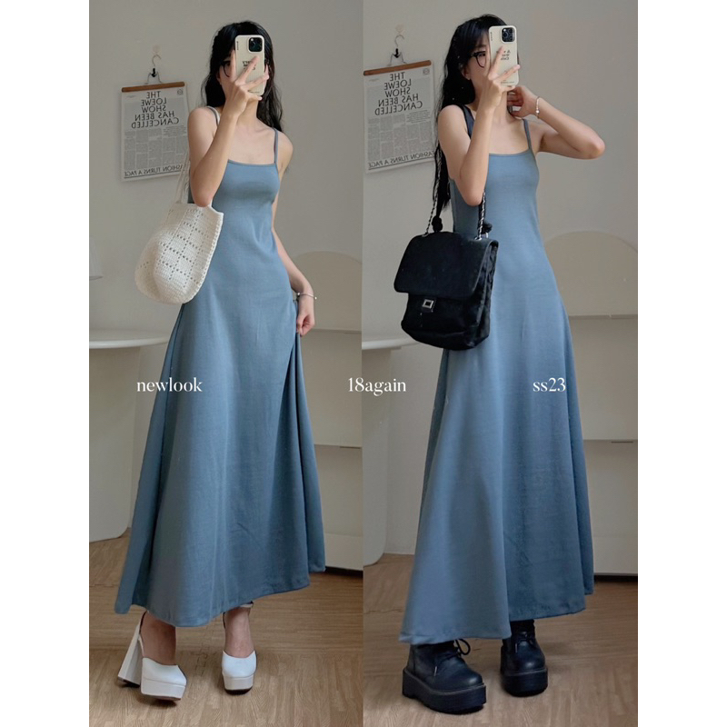 Đầm hai dây thun mịn xanh xám basic - Hàng sẵn/ảnh thật/18again